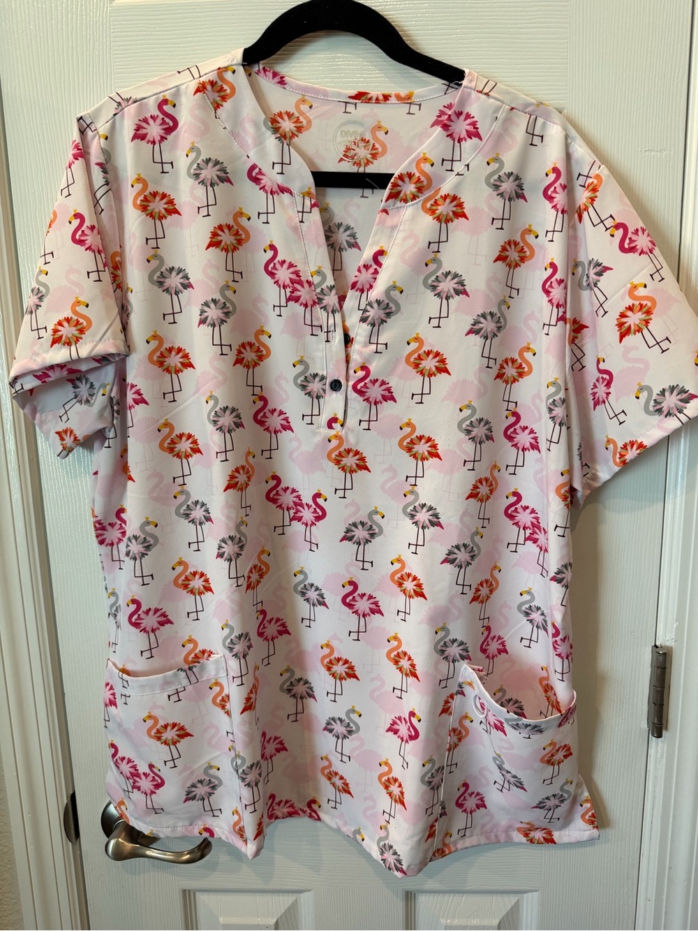 Women's Pink Flamingo Short Sleeve V-Neck scrub Top